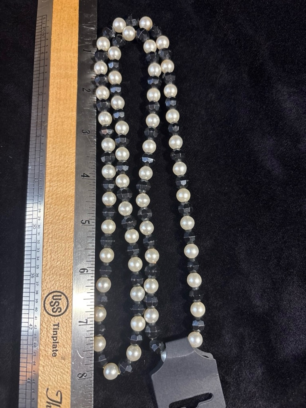Faux Pearl & Black Crystal Beaded Strand Necklace Off-White/Black Gothic Glam